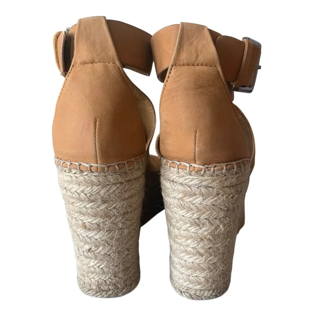 MARC FISHER Tan Leather Annie Perforated Espadrille Platform Wedge Sandals 8